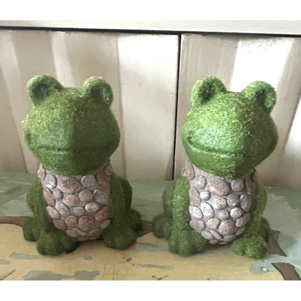 Lot of 7 Frog Figurines Ceramic Moss Flocked Garden Decor Cottagecore
